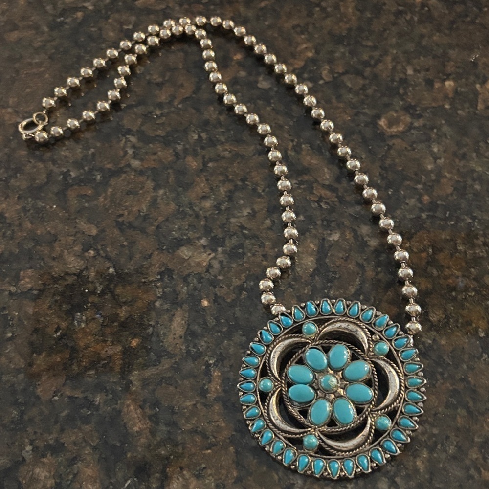 Faux Turquoise Floral Silver Necklace